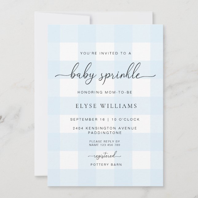 Blue Gingham Baby Sprinkle Invitation (Front)