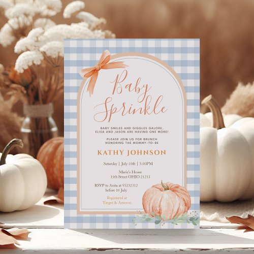 Blue Gingham Baby Sprinkle Pumpkin Baby Shower Invitation