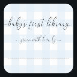 Blue Gingham Baby's First Library Bookplate<br><div class="desc">This Baby Shower bookplate sticker features a classic gingham design and modern fonts. The script heading is an image that cannot be edited. All of the other text is fully editable. For more advanced customization of this design, simply select the "Customize It" button above. Add the sticker to your invitation...</div>