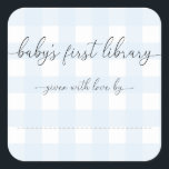 Blue Gingham Baby's First Library Bookplate<br><div class="desc">This Baby Shower bookplate sticker features a classic gingham design and modern fonts. The script heading is an image that cannot be edited. All of the other text is fully editable. For more advanced customization of this design, simply select the "Customize It" button above. Add the sticker to your invitation...</div>