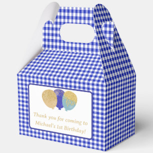 Blue Gingham Balloons Custom Photo Birthday Favor Boxes