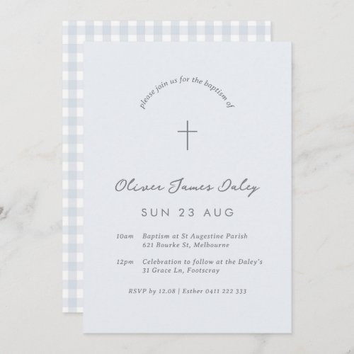 Blue Gingham Baptism Christening Cross Invitation