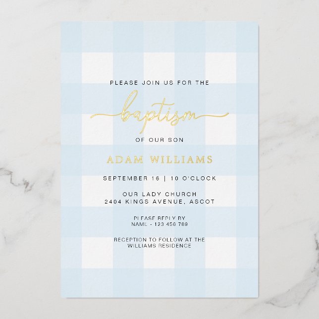 Blue Gingham Baptism Gold Foil Invitation (Front)
