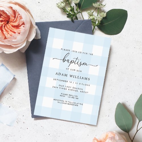 Blue Gingham Baptism Invitation