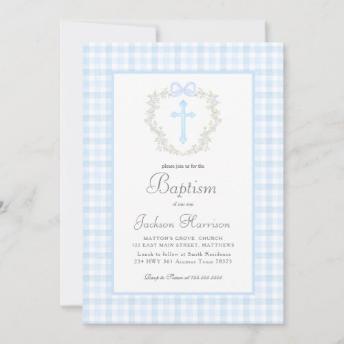 Blue Gingham Baptism Invitation Boy Baptism Invitation