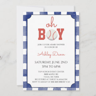 Blue Gingham Baseball Baby Shower Invitation
