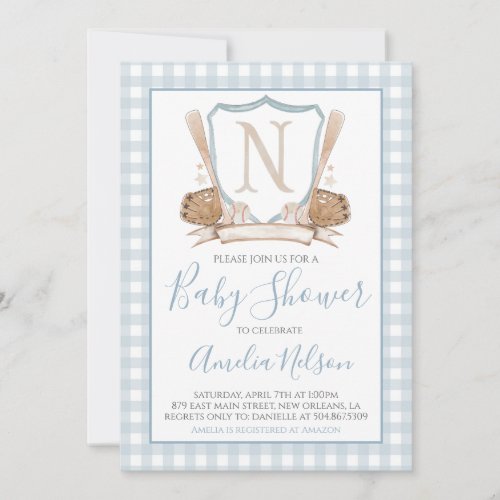 Blue Gingham Baseball Baby Shower Invitation