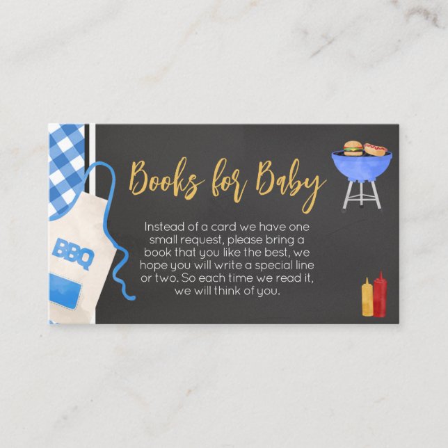Blue Gingham BBQ Baby Shower Books for Baby Enclosure Card (Front)