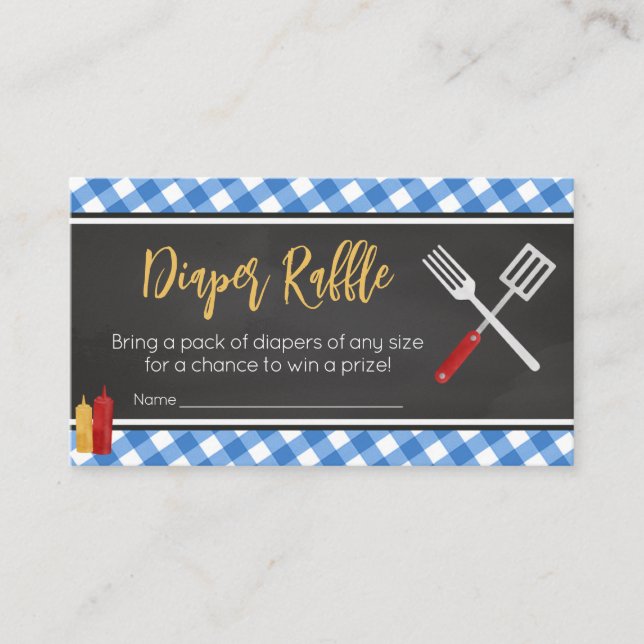 Blue Gingham BBQ Baby Shower Diaper Raffle Enclosure Card (Front)