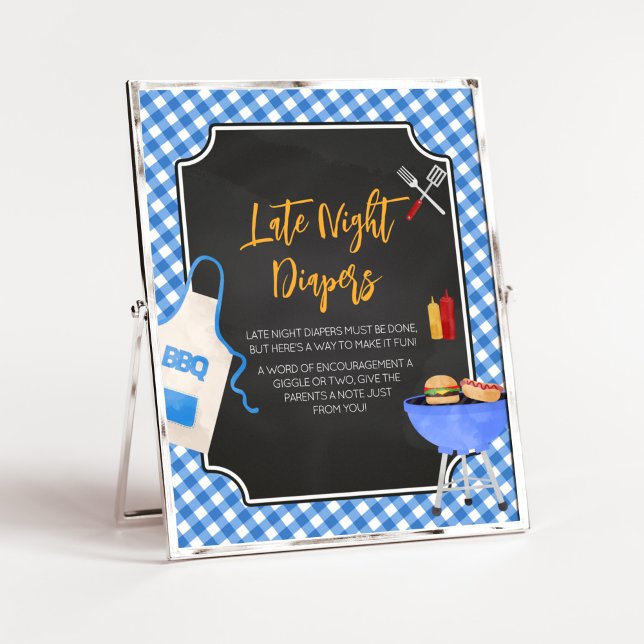 Blue Gingham BBQ Baby Shower Late Night Diapers Poster (Boy Baby-Q Baby Shower Late Night Diapers Sign)