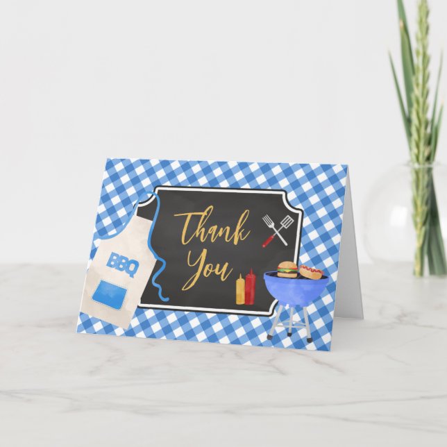 Blue Gingham BBQ Baby Shower Thank You Card (Front)