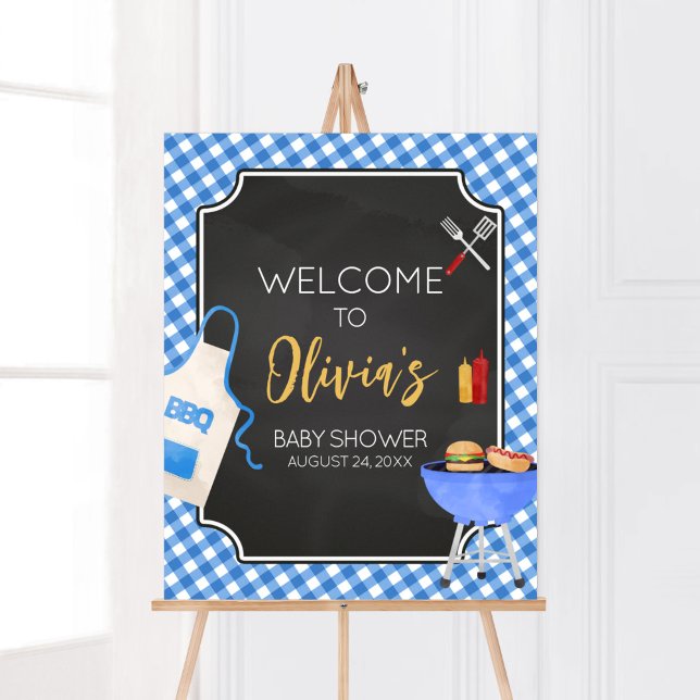 Blue Gingham BBQ Baby Shower Welcome Poster (Boy Baby-Q Baby Shower Welcome Sign)