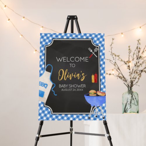 Blue Gingham BBQ Baby Shower Welcome Sign