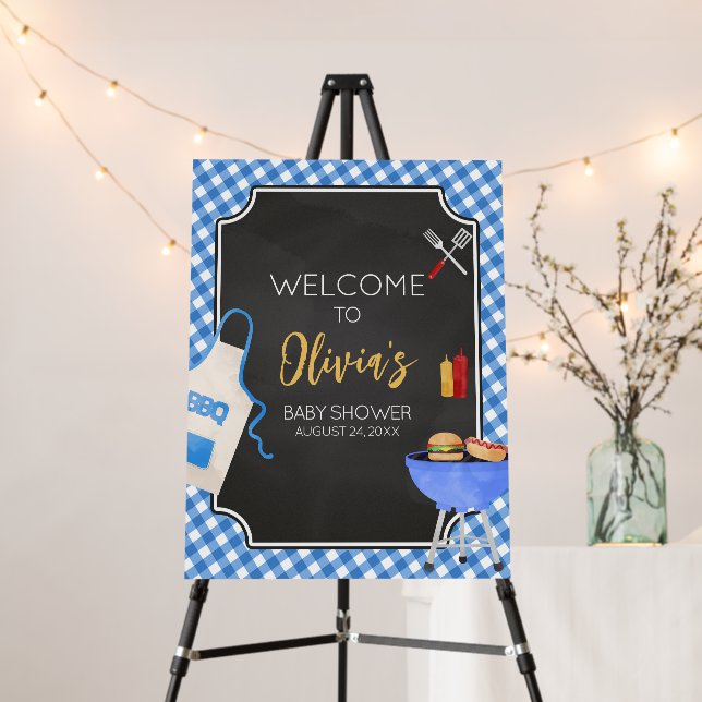 Blue Gingham BBQ Baby Shower Welcome Sign (In Situ (Stand))