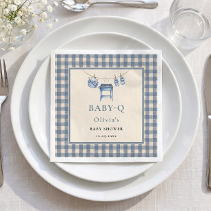 Blue Gingham BBQ Grill Clothesline Baby Shower Napkins
