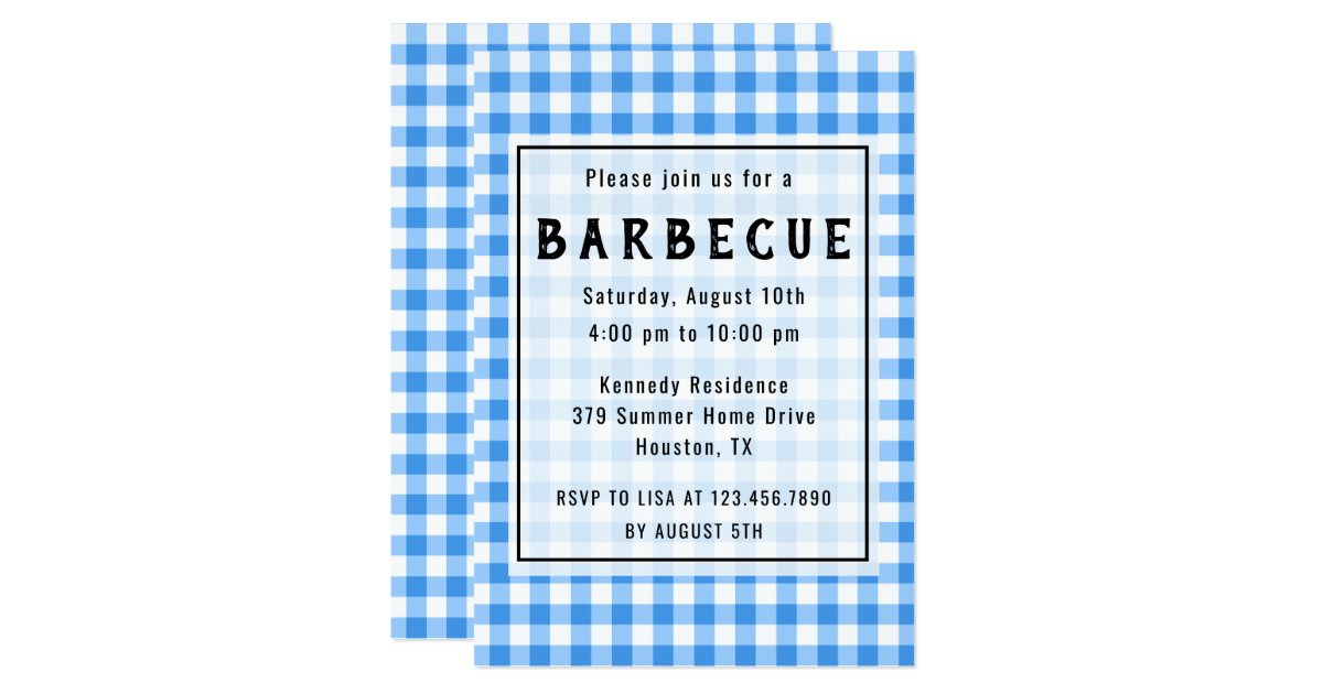 Blue Gingham BBQ Party Invitation | Zazzle.com