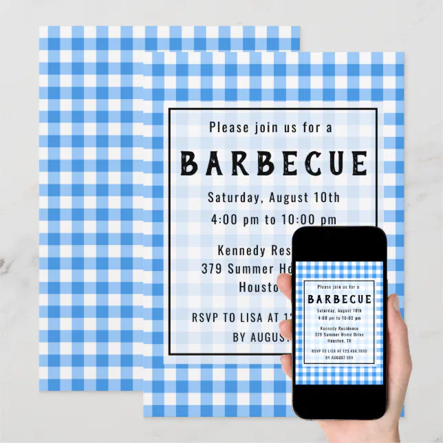 Blue Gingham BBQ Party Invitation | Zazzle