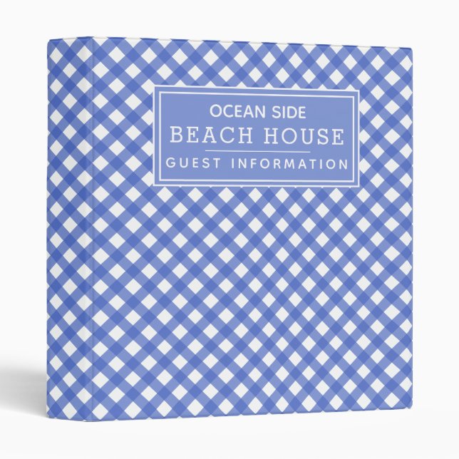 Blue Gingham Beach House Rental Guest Information 3 Ring Binder (Front/Spine)