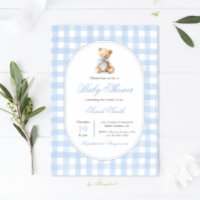Blue Gingham Bear Baby Shower Boy