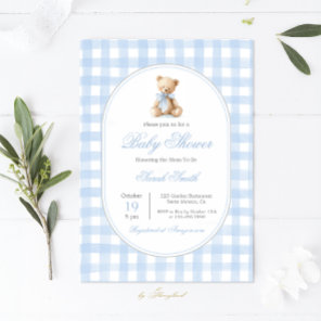 Blue Gingham Bear Baby Shower Boy Invitation