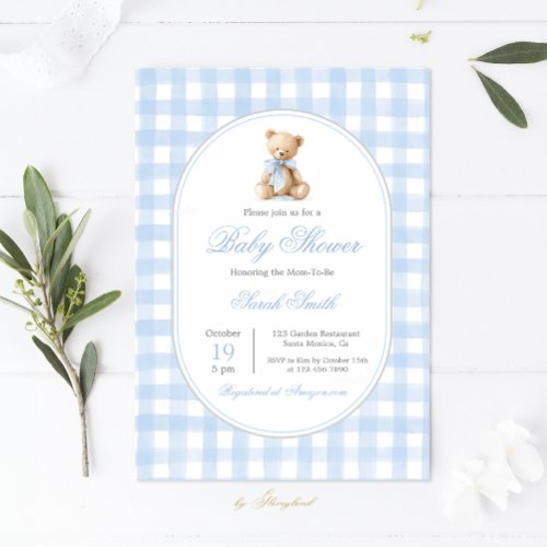 Blue Gingham Bear Baby Shower Boy