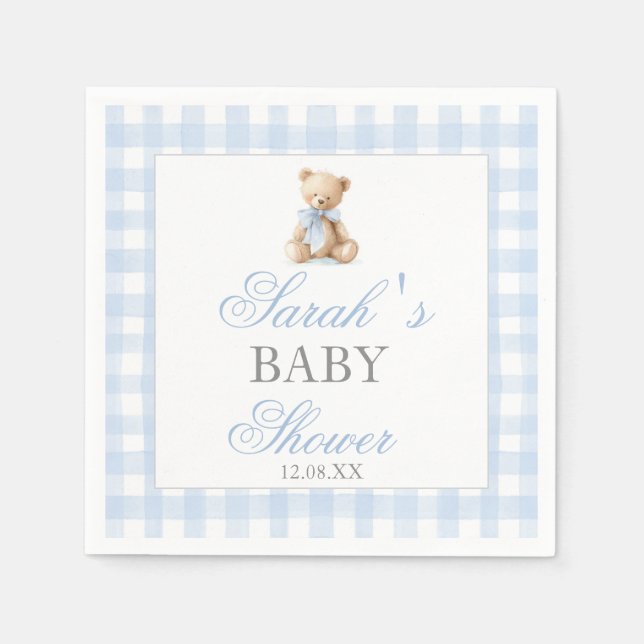 Blue Gingham Bear Baby Shower Napkins (Front)