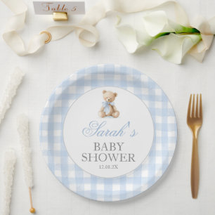 Blue Gingham Bear Baby Shower Paper Plates