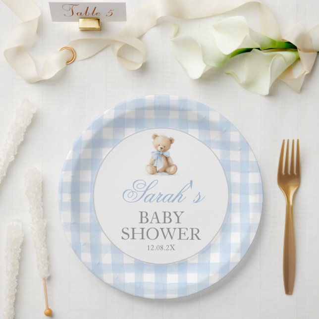 Blue Gingham Bear Baby Shower Paper Plates (Wedding)