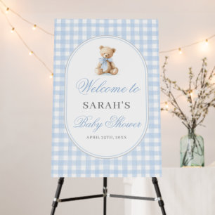 Blue Gingham Bear Baby Shower Welcome Sign