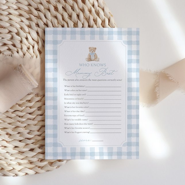 Blue Gingham Bear Baby Shower Who Knows Mommy Best Invitation (Creator Uploaded)