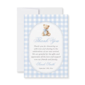 Blue Gingham Bear Grand millennial Thank You Card