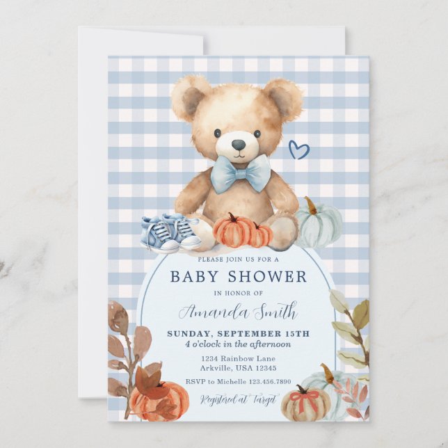 Blue Gingham Bear Pumpkin Shoes Baby Shower  Invitation (Front)