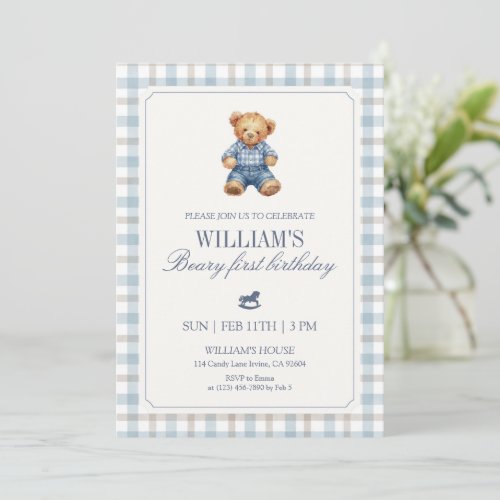 Blue Gingham Beary First Birthday Boy Teddy Bear 
