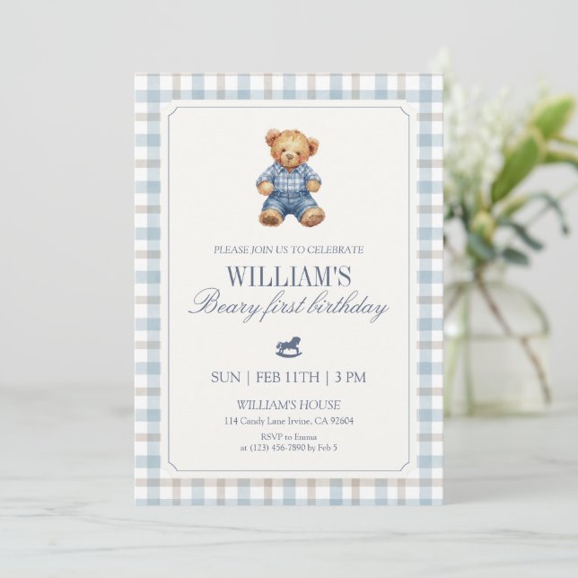 Blue Gingham Beary First Birthday Boy Teddy Bear  Invitation (Standing Front)