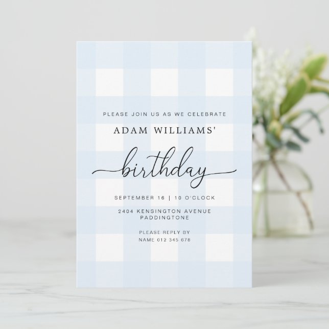 Blue Gingham Birthday Invitation (Standing Front)