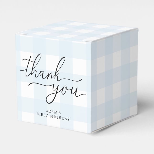 Blue Gingham Birthday Thank You Favor Box (Front Side)