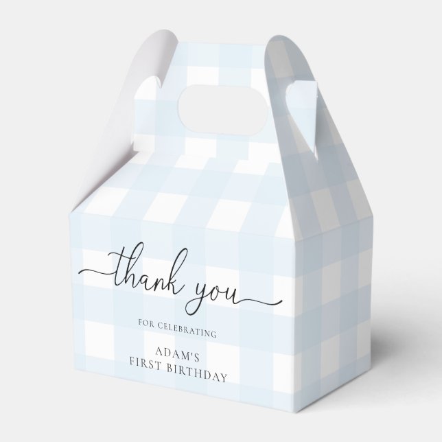 Blue Gingham Birthday Thank You Favor Box (Front Side)