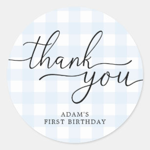 Blue Gingham Birthday Thank You Favor Sticker