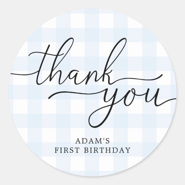 Blue Gingham Birthday Thank You Favor Sticker (Front)