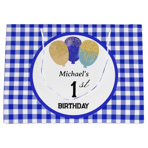 Blue Gingham  Blue Glitter Party Balloons Large Gift Bag