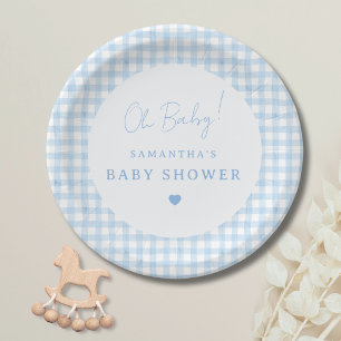 Blue Gingham Boho Watercolor Boy Baby Shower Paper Plates