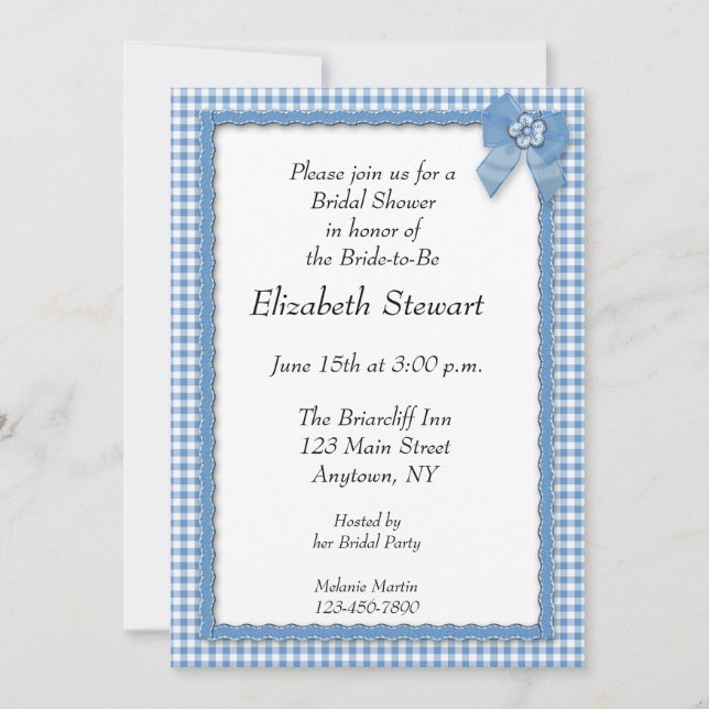 Blue Gingham Border with Faux Ribbon Bridal Shower Invitation (Front)