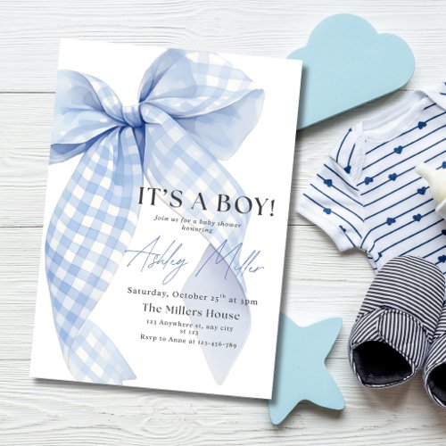 Blue Gingham Bow Baby Boy Shower It's a Boy  Invitation