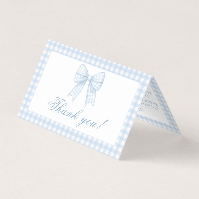 Blue Gingham Bow Baby Boy Shower Thank You Cards (Front)