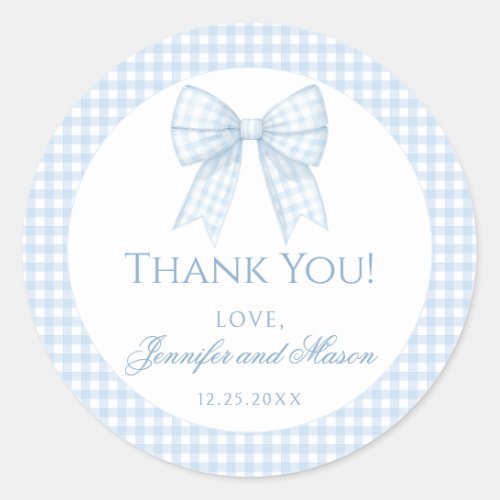 Blue gingham bow baby boy shower thank you classic round sticker