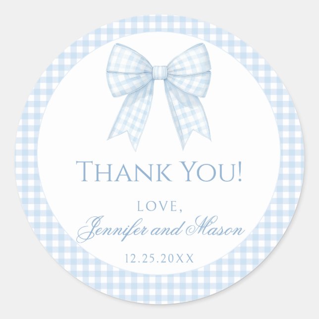 Blue gingham bow baby boy shower thank you classic round sticker (Front)