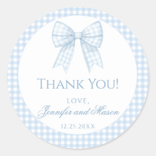 Blue gingham bow baby boy shower thank you classic round sticker
