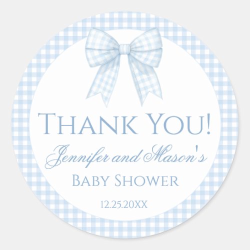 Blue gingham bow baby boy shower thank you sticker