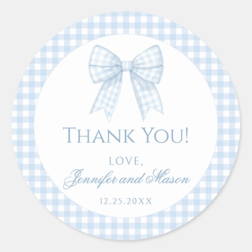 Blue gingham bow baby boy thank you round stickers