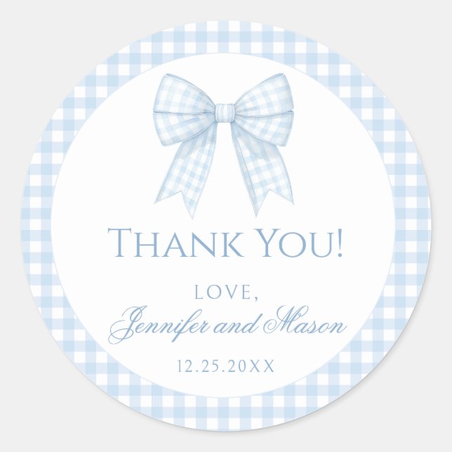 Blue gingham bow baby boy thank you round stickers (Front)